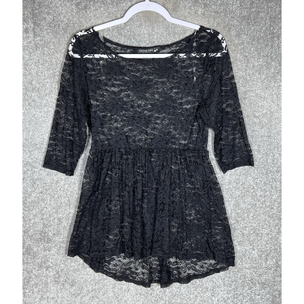 Living Doll LA‎ Sheer Floral Lace Top Womens Sz Large Black Hi-Low Elastic Waist